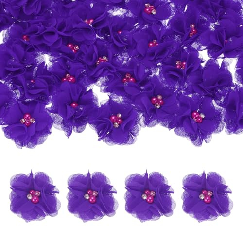 M METERXITY 50-Pack Rhinestone Pearl Chiffon Flowers 2.17 x 2.17 Inch Mesh Fabric Flowers Full Chiffon Flowers Hair Clips Flower for Home Decor/Wedding/Headbands/DIY/Party/Garden [Dark Purple]