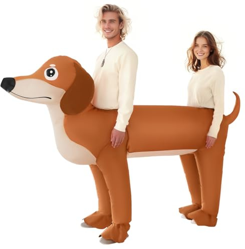 Poptrend Inflatable Costume Dachshund Double Dog Costume for Adult, Inflatable Double Dog Blow up Costumes Halloween Dachshund Costumes Men Women Funny Fancy Dress Party