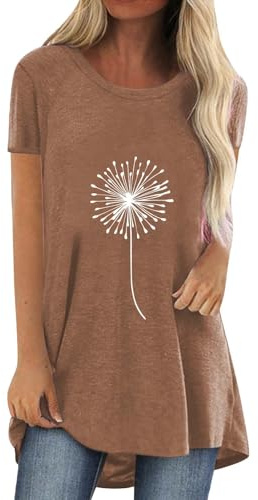 SHOBDW Women's Fashion Casual Printed Round Neck Short Sleeve Front Long Back T Shirt Camisas Lenceras Mujer Camiseta Hippie Manga Corta Camisa Negra Y Blanca Blusa Japonesa Escote Sin Camisetas