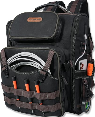 WELKINLAND Elektriker-Rucksack mit 46 Taschen, vollständig geöffneter Werkzeugrucksack, robuster Werkzeugrucksack, wasserdicht, gewachstes Segeltuch, HVAC, Mechaniker-Werkzeugtasche
