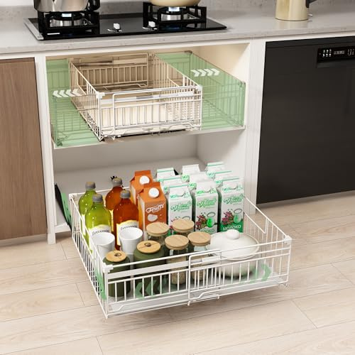 NETEL 2 Pack Expandable Pull Out Cabinet Organiser, 17 CM tall Guardrail, Width 33cm-51cm, Adhesive Rails No Drill, Peel and Stick Pull Out Drawers, Slide Out Drawers for Cupboard Organiser