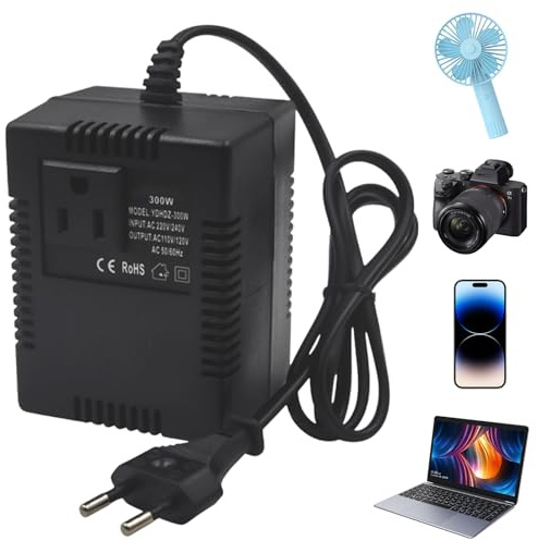 Spannungswandler Transformator 220V auf 110V, 300W Netzadapter Schritt-Runter Stromkonverter mit EU Stecker, Reisestromadapter für Luftreiniger Computer Minikameras und Mehr
