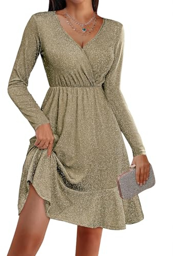 Zeagoo Kleider Damen Festlich Glitzer Kleid Elegant Langarm Party Kleider V Ausschnitt Paillettenkleid Sexy Ballkleider Khaki M
