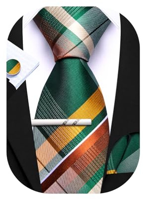 Barry.Wang Juego de 4 corbatas de seda a cuadros para hombre, diseño de rayas, de bolsillo, cuadradas, para bodas, negocios, Verde amarillo., Taille unique
