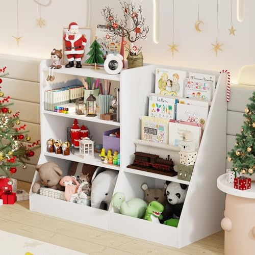 IKALIFE 39 Large Kids Wooden Bookshelf and Toy Storage Organizer, Baby Bookcase with Sling Book Rack, Children Toddler Wooden Book Shelf for Kids Rooms, Playroom, Classroom, Nursery, School (White)