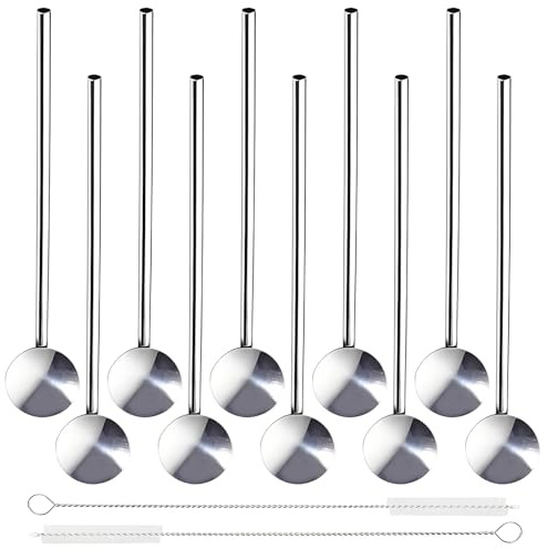 Tianher Pajitas Reutilizables, 10 Pajitas De 304 Acero Inoxidable 2 En 1 Cuchara De Paja Cuchara De Paja De Metal Con 2 Cepillos De Limpieza Para Zumos Café Fiestas y Bebidas (Plata)