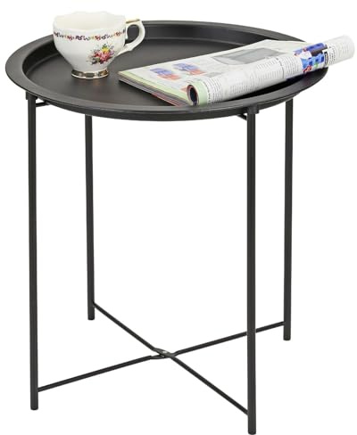 Taylor & Brown Round Tray Table with Removable Tray - Black Metal Bed Side Table Raised Lip Serving Dish Compact Collapsible Folding Stand for Bedroom, Home and Office