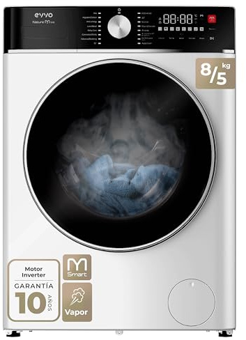 EVVO Lavadora-Secadora Nature M8/5, 8 kg lavado + 5 kg secado, 1400 rpm, Motor BLDC Inverter, Steam Wash, M-Smart One-Touch, Lavado Rápido 15', Fin diferido 24 h, Blanco