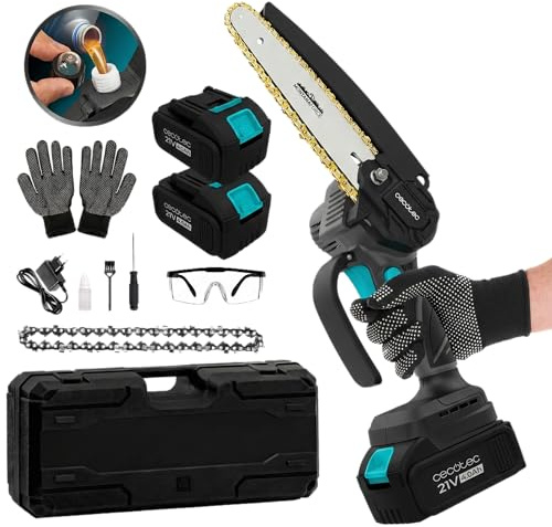 Cecotec Batteridriven motorsåg MontanaForce 6400 hand. 6 tum svärd, 650 W borstlös motor, 2 x Nexus 21V 4Ah batterier, knappoljad, inklusive portfölj, extra kedja, glasögon och handskar