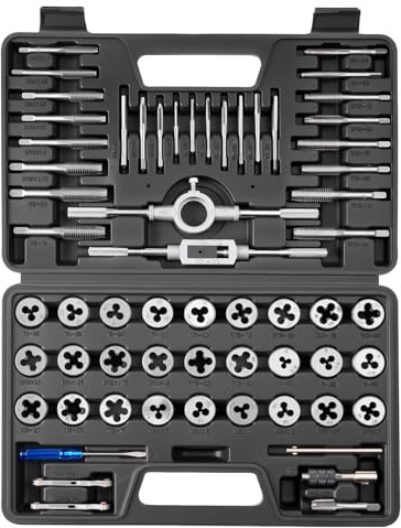 VEVOR Juego de Machos y Terrajas de Roscar 60 Piezas, Métrico M3 a M12 y SAE 4-1/2 pulgadas, Rosca Fina y Gruesa, Acero Recubierto de Titanio, Incluye Calibre, Llave, Estuche para Reparación de Roscas