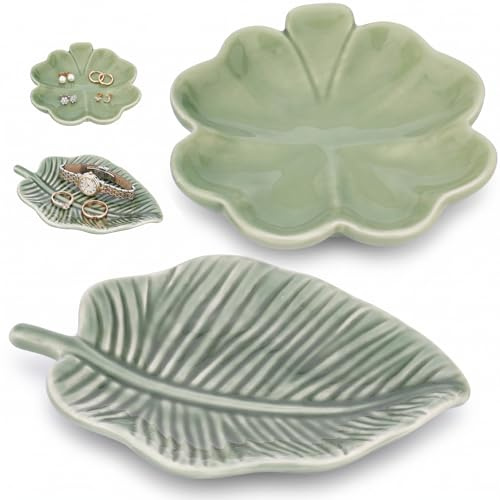 JIAC 2 PCS Plato de Joyería de Cerámica Diseño de Hoja Cuenco para Joyas con Diseño Bandeja Joyas de Cerámica Verde Plato Decorativo Llaves para Vanity Baño para Pendientes Anillos Collares Pulseras