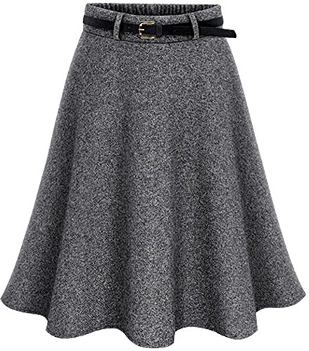 ZiXing Donna Gonna di Lana Invernale Corta Svasata Midi Pieghe Vita Alta del Ginocchio Grigio Medium