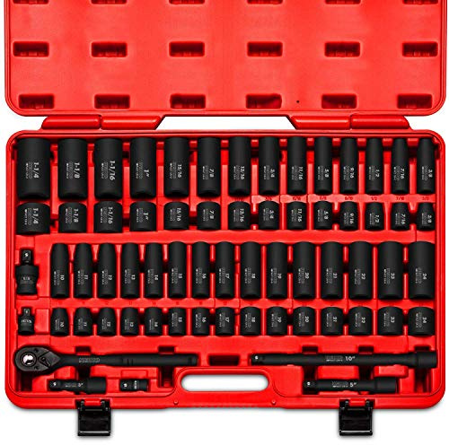NEIKO 02448A 1/2 Drive Master Impact Socket Set, 65 Piece, Standard SAE (3/8-1-1/4) & Metric (10-24 mm) Sizes, Deep & Shallow Kit, Includes Adapters & Ratchet Handle