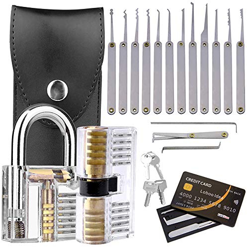 Loboo Idea 22-teiliges Dietrich-Set, 15-teiliges Vorhängeschloss Picking Tools Kit, 5-teiliges Kreditkarten-Lockpicking-Werkzeug-Set und 2 transparente Trainingsschlösser für Anfänger und