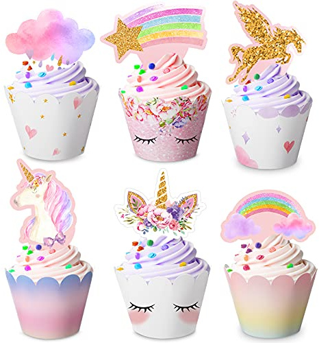 Censen 30 Pieces Unicorn Cupcake Toppers and Wrappers Decorations Unicorn Cup Cake Liners Rainbow Birthday Party Supplies Rainbow Topper Decorations for Girls Women Birthday Party