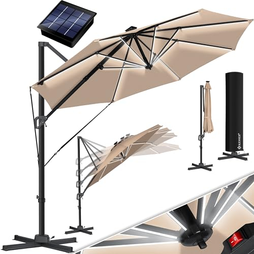 KESSER® Sonnenschirm Ampelschirm Sun Rund XL LED Solar Ø330 cm Inkl. Abdeckung, 7-Fach Verstellbar Neigbar Kippbar Groß 360° Drehbar Gartenschirm mit Kurbel Sonnenschutz UV50+ Taupe