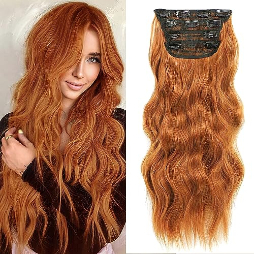 PORSMEER Clip in Extensions, 4PCS Voller Kopf Haarverlängerungen mit Clips Synthetik Gewellte Haarextension Kupfer rot Wavy Haar Extensions Clip in Haarteil für Frauen
