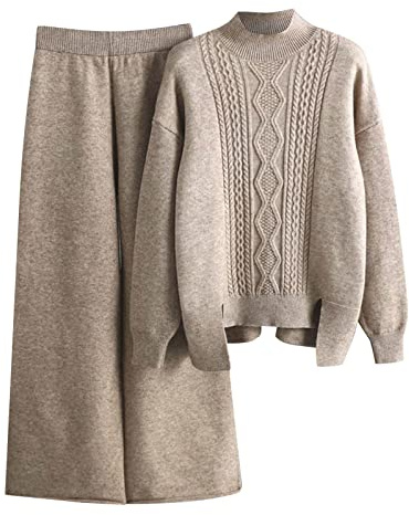 MJGkhiy Tuta Maglia Donna Completa Elegante Set Tute In Maglia Due Pezzi Set Coordinato Tuta Casual Lavorati Maglione a Maniche Lunghe Pullover Top e Pantaloni a Gamba Larga Completi Invernale