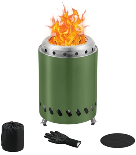BRIAN & DANY Tisch-Feuerstelle mit Ständer, Solo-Außenofen, raucharmes Mini-Feuer für den Außenbereich, mit Pellets oder Holz, 20,1 x 14,0 cm, Grün