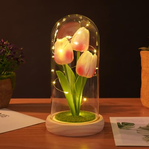 Creperture Flor de Tulipán en Vidrio Regalos para Día de San Valentín Elegante Tulipán Decorativo Flores Artificiales con Luces LED Decor del Hogar Luces de Noche Regalos para Mujeres Madres