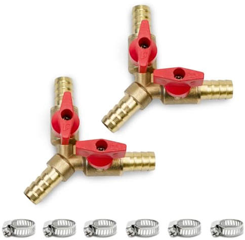 Bwintech 2 Pcs 6mm 3 Way Brass Hose Barb Ball Valve, Y Shape 2 Switch Shut Off Valve Fitting with 6 Pcs Hose Clamps