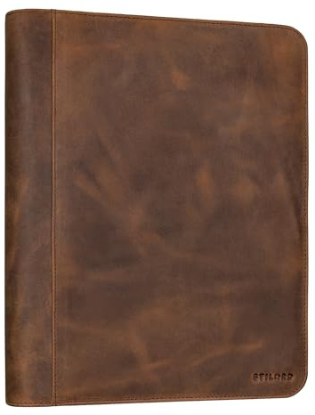 STILORD Tate vintage arrangör A4 läder konferensmapp äkta läder dokumentmapp med ringbok skrivmapp för surfplatta 30 cm lädermapp med dragkedja retro, Sepia – brun, L, portfölj