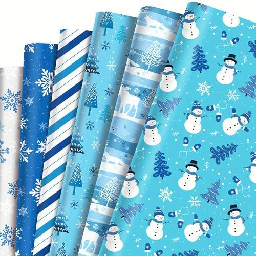 lyroiphic Julpresentpapper – 12 ark (50 x 70 cm) julpapper med julgran, jultomte, snögubbe, snöflinga – gör-det-själv-pysselpapper för presentförpackningar (blå)
