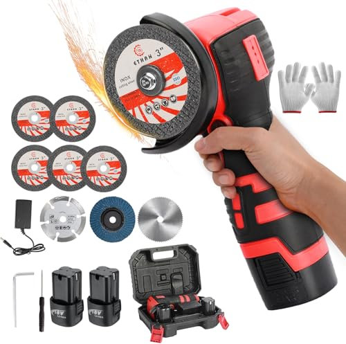 panthem Miniamoladora angular de 16,8 V con 2 baterías de 2 Ah, 7 discos de corte y 1 disco abrasivo, diámetro de 90 mm, 19500 U/min, amoladora angular con batería de 550 W, pequeña para cortar,