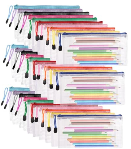 ASelected Clear Pencil Case Zipper File Bags,30 PCS Mesh Pencil Storage Pouch Plastic Zip Wallets Folders Zipper Bags Mesh Document Bags for School Supplies,Cosmetics,Stationery,Home,Office and Travel