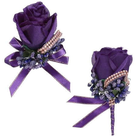 sourcing map Wrist Corsage and Boutonnieres Set Handmade Artificial Bride Hand Flower Corsages Men Buttonholes Pocket Boutonnieres for Bride Groom Wedding Anniversary, Deep Purple