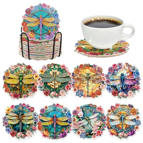 INCOK Dragonfly Diamond Art Coasters - 8 PCS DIY Colorful Flower Glass Diamond Painting Kits Special Shaped Non Slip Drink Coaster with Holder Art Craft Supplies Birthday Gift for Beginner Adult