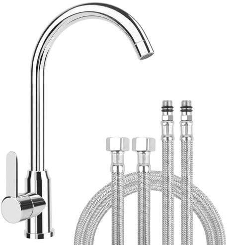 Robinet Cuisine Mitigeur Cuisine robinetterie Evier Argenté Col de Cygne Mitigeur Monocommande Acier Inoxydable Froid Chaud Disponible Zone de Rotation 360° avec Flexible G3/8''