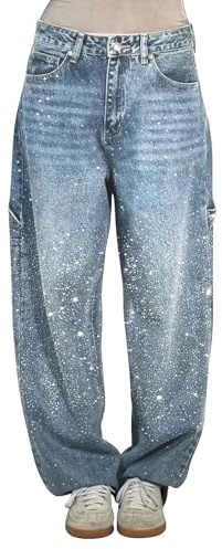 2025 Jeans Haren Larghi con Strass Casual Primaverili da Donna Pantaloni Vintage in Denim a Vita Alta Pantaloni Larghi con Strass a Vita Alta Jeans Lucidi Dritti a Gamba Larga deals of the day