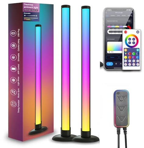 WEITINX 2 Pack LED Light Bars,RGB Gaming Mood Lighting,Dimmable Ambient Light Flow Light Bars 16 Million Colors Multiple Lighting Effects TV Backlights,Remote Control and App Control,Music Sync