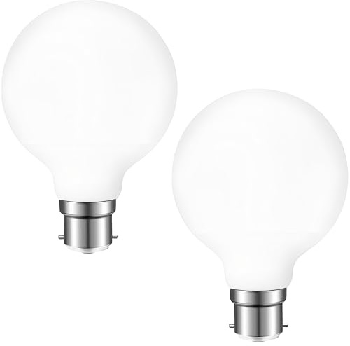 Vanpus B22 LED Light Bulb，8W Opal Frosted White Globe Shape Glass ，No Flicker, Constant Current Edison LED Bulb，Warm White, Dimmable, Φ95mm (Pack of 2)