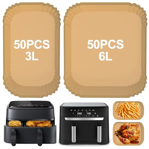 Airfryer Backpapier 6L/3L für Philips Airfryer Dual Basket 3000/5000 Series Heißluftfritteuse Backpapier für Tefal 5.2L/3.1L Dual Easy Fry 100 Stück Luftfritteusen Zubehör