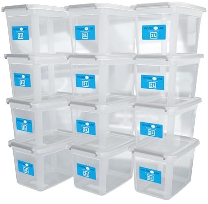 ATHLON TOOLS 12x 2L Aufbewahrungsboxen mit Deckel klein – 100% Neumaterial - transparent - BPA Frei – stapelbare Behälter – graue Verschlussclips – nahezu Luftdicht - Organizer