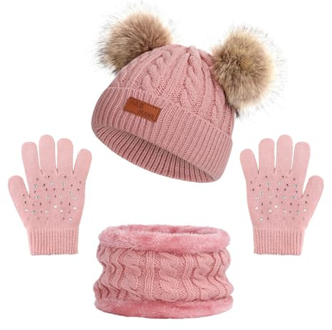 NVTEGR 3PCS Kids Winter Hat Scarf Gloves Set for Girls 3-12, Warm Knit Fleece-Lined Thermal Beanie with Pom Pom, Soft Touchscreen Mittens & Scarf for Toddler Children Outdoor Sports (Pink)