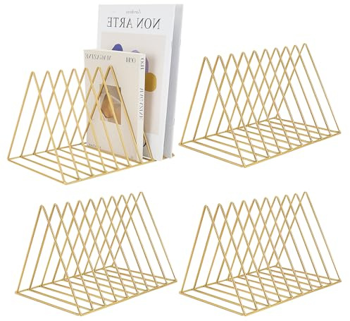 HAOTIAN-X 4 Stück Dreiecksordner, 9-fach-Magazinhalter in Gold, Metall Vinyl Schallplattenständer, Desktop File Organizer Zeitschriftenregal, Bücherregal Organizer für Büro Haus (Goldenes Dreieck)