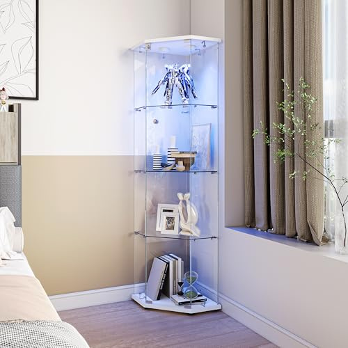 Vitrina de esquina con puertas de cristal con iluminación LED RGB, vitrina de cristal de 4 niveles