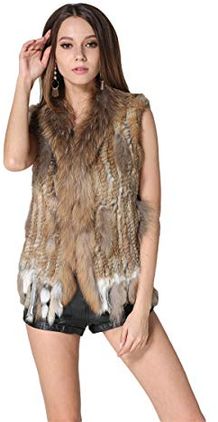 KAISHIN Gilet in Vera Pelliccia di Coniglio Lavorati a Maglia alla Moda per Donna Gilet con Collo in Pelliccia di Procione Casual per Tutte Le Partite (Marrone Naturale, L: IT 46-48)