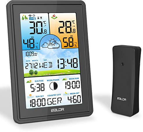 SOSPIRO 2021 Wetterstation Funk mit Außensensor Farbdisplay 3 Senderkanäle Digital Thermometer Hygrometer Innen Außen Raumthermometer Feuchtigkeit mit Wettervorhersage Datum Uhrzeit Temperatur Schwarz