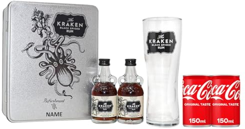 Kraken Rum Personalised Miniature Kraken Spiced Rum Tin Gift Set with Kraken Glass