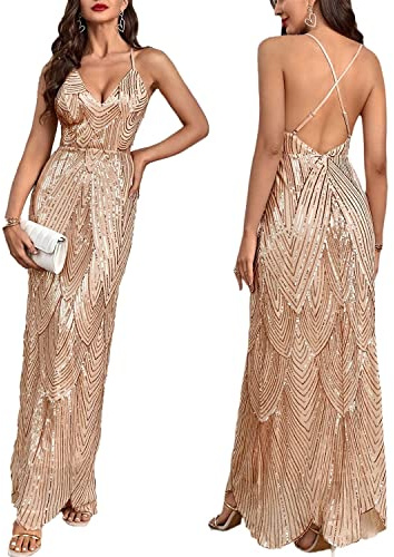 Women's V Neck Spaghetti Straps Sequin Sparkly Glitter Irregular Hem Prom Dress Backless Maxi Evening Gowns S Beige