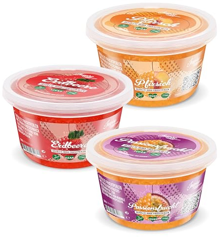 INSPIRE FOOD Mezcla de Perlas de Bubble Tea - 3 Pack Popping Boba Perlas de Fruta | Fresa, Maracuyá, Durazno | 100% vegetariano y sin gluten, sin colorantes artificiales