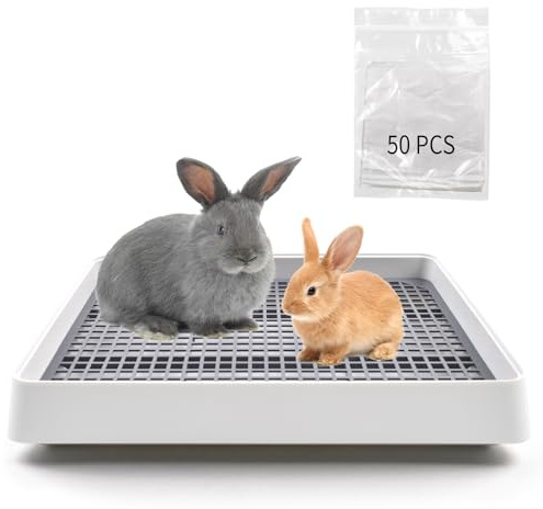 MUYG Large Rabbit Litter Box for Cage,Bunny Litter Box Grate Restroom with 50 Pcs Disposable Rabbit Cage Liner Guinea Pig Litter Pan with Grate Rabbits Litter Tray Pet Toilet for Rat Ferret Hamster