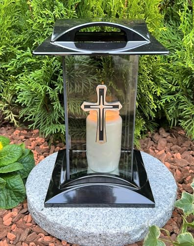 Lanterne funéraire avec motif croix - Bougie funéraire - Bougie funéraire - Décoration funéraire - 27 cm de hauteur - Décoration funéraire - Nouveau modèle avec bougie