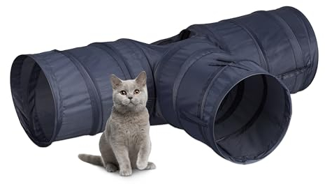 Relaxdays Katzentunnel, Faltbare Katzenröhre, HBT: 25 x 86,5 x 53 cm, Spieltunnel 3 Wege, Katzenröhre, Polyester, grau