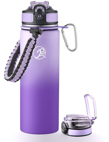 GOSWAG Insulated Sports Water Bottle, 24oz 2 Lids(with Straw/No Straw), Stainless Steel Water Bottles with Paracord Handle, Insulated Bottle with Double-Wall Vacuum Insulation