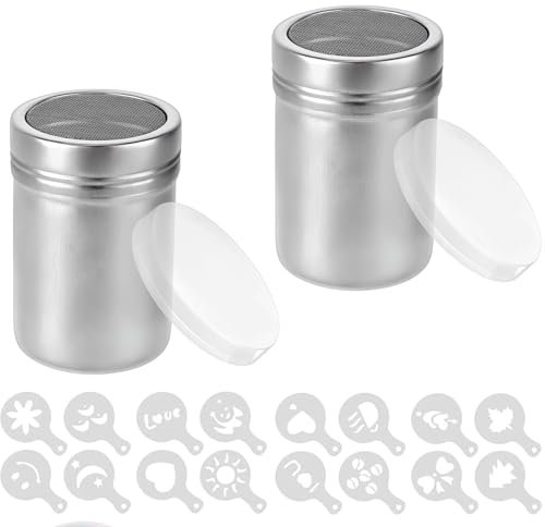 2Pcs Flour Shaker, Icing Sugar Shaker Powder Shaker, Chocolate Shaker, Powder Shaker with Handle and Lid, Equipped with 16 Coffee Stencils Suitable for Kitchen Crafts and Cake Decoration